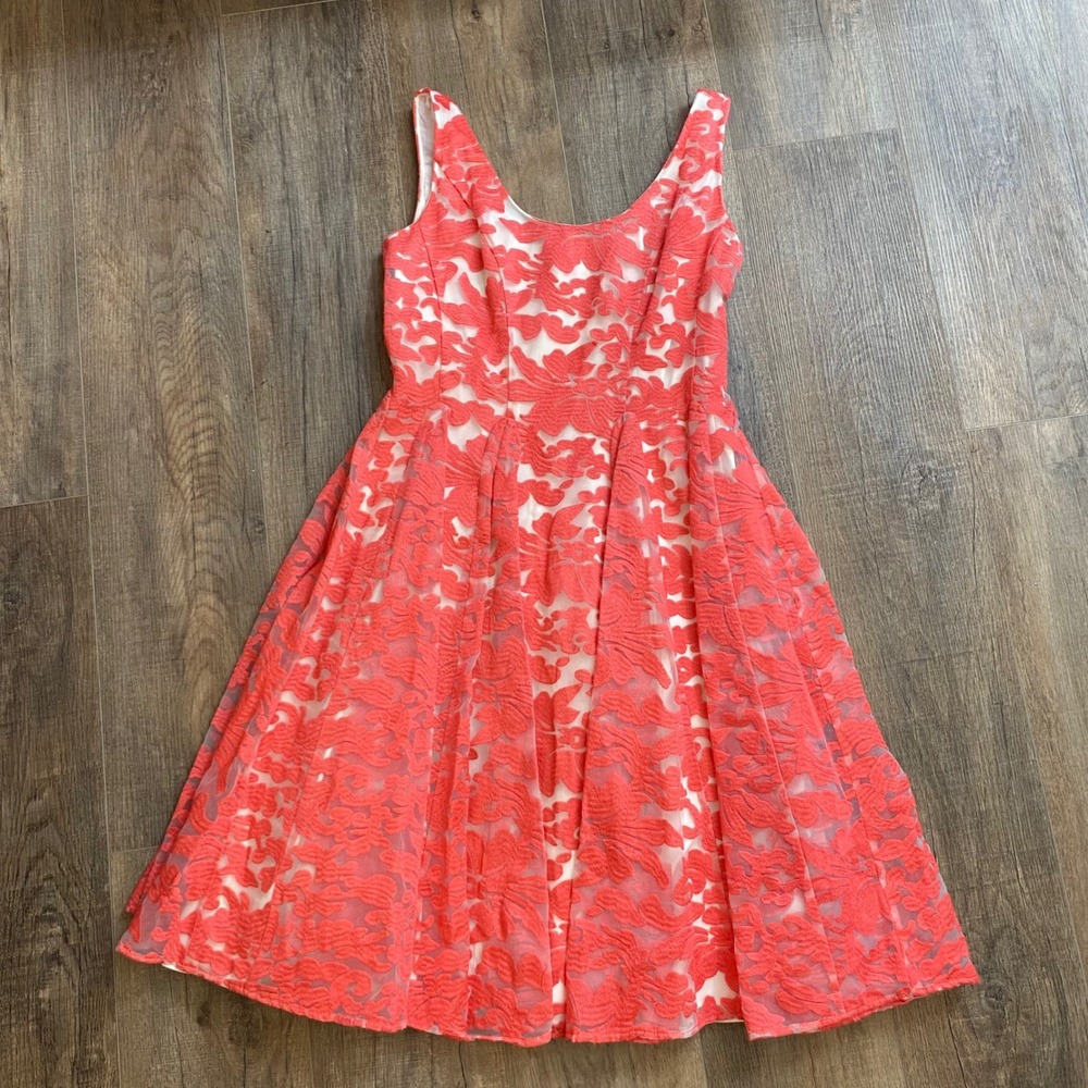 Badgley Mischka Collection Coral Pink Floral Burnout Fit & Flare Dress Size 8
